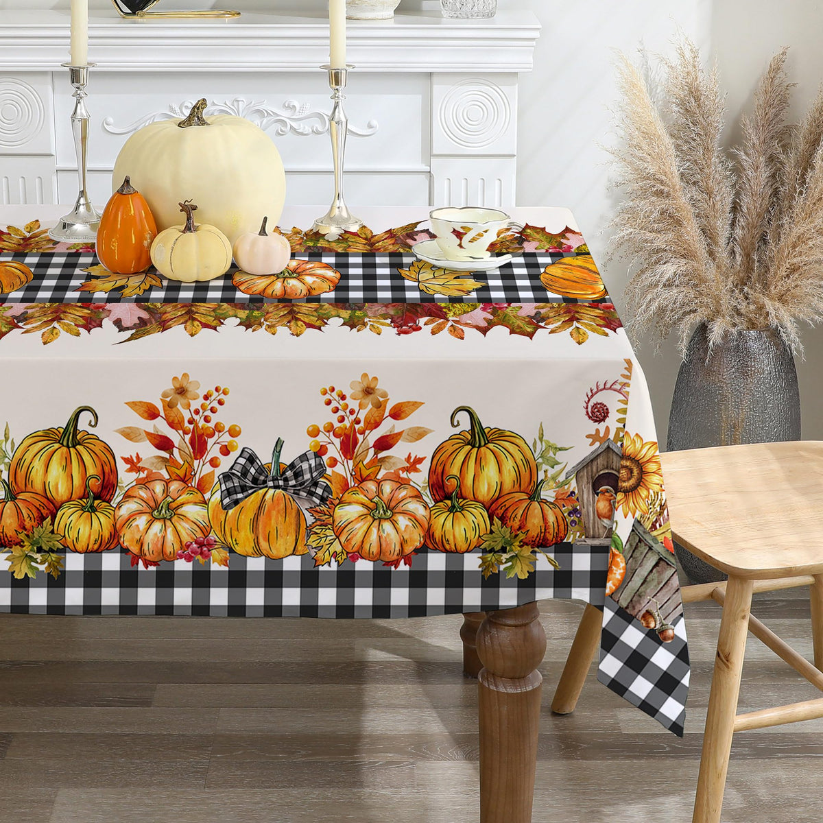 Autumn Pumpkin Black Plaid Tablecloth — 52x70", Water-Resistant Polyester