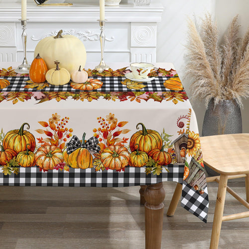 Autumn Pumpkin Black Plaid Tablecloth — 52x70", Water-Resistant Polyester