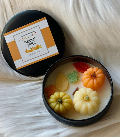 Autumn Pumpkin Soy Candle in Tin — 9oz, Wooden Wick, Custom Scent & Color