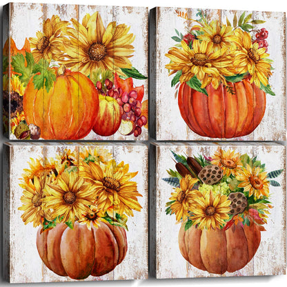 Autumn Harvest Canvas Wall Art — 4-Panel Pumpkin & Sunflower, 12x12" Each