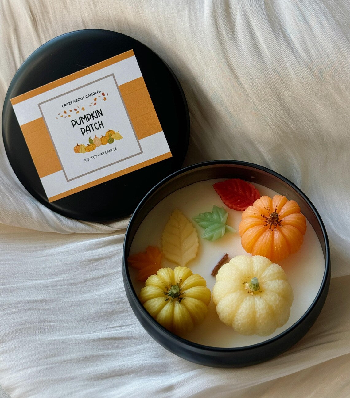 Autumn Pumpkin Soy Candle in Tin — 9oz, Wooden Wick, Custom Scent & Color