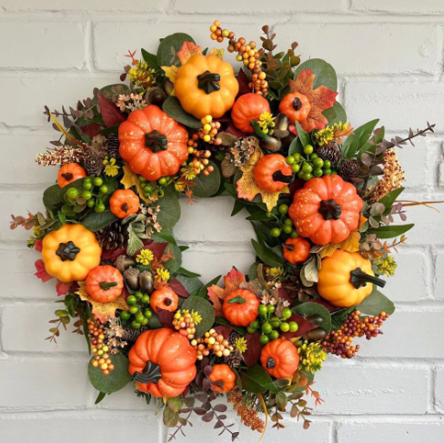 Autumn Pumpkin Harvest Festival Wreath — Faux Floral Door Decor