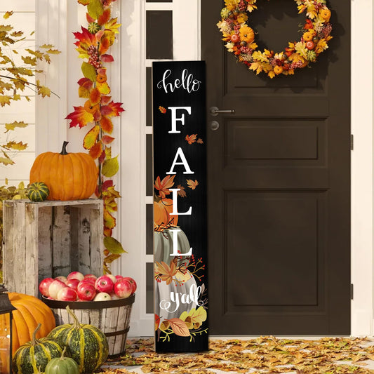 Autumn Welcome Vertical Porch Sign — 47" Tall, Watercolor Pumpkin Wood