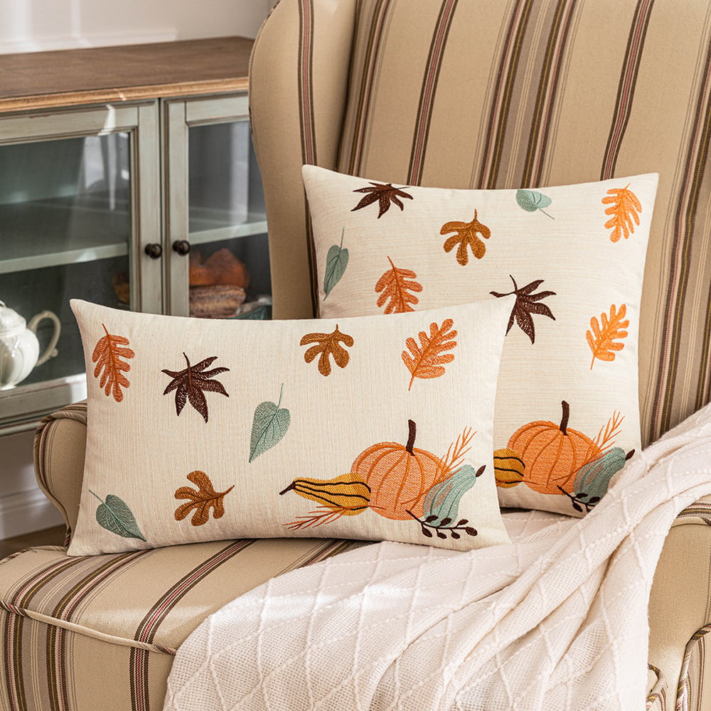 Autumn Pumpkin & Maple Leaf Embroidered Pillow Cover 12x20in or 18x18in
