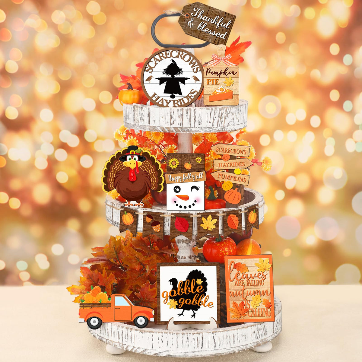 Autumn Festive Wood Tiered Tray Decor Set; 14 Pieces