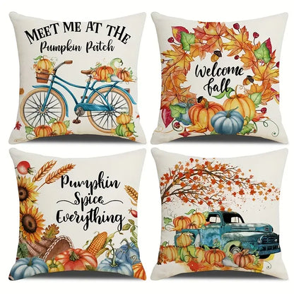 Autumn Pumpkin Linen Throw Pillow Covers Set of 4, 20x20in