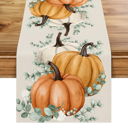 Autumn Pumpkin & Eucalyptus Table Runner — 13x72", Faux Linen,